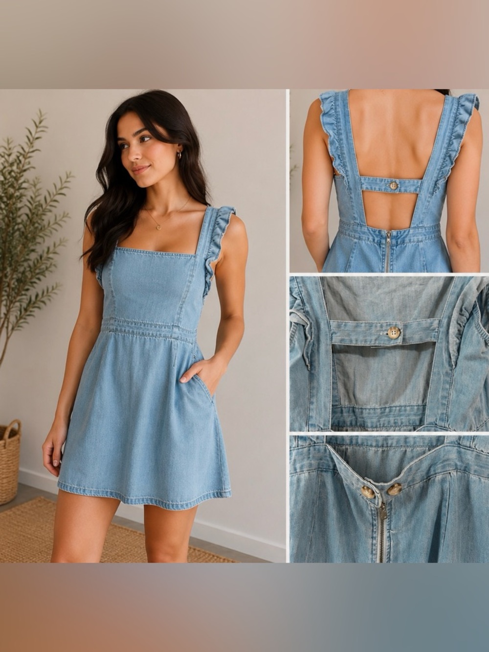Forever 21 Light Blue Denim Mini Dress with Ruffle Straps